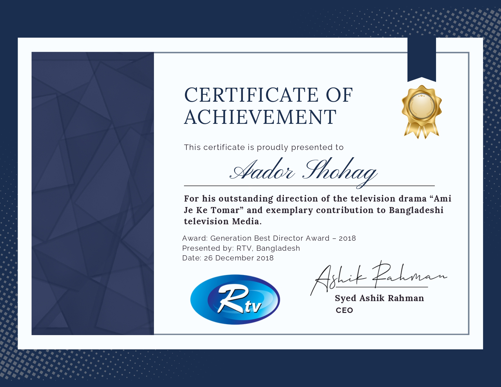 RTV Generation Best Director certificate